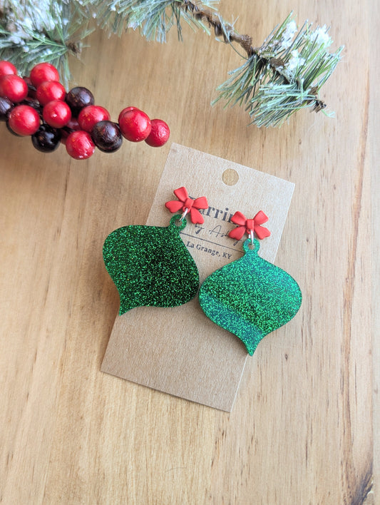 Red Bow Green Glitter Ornament