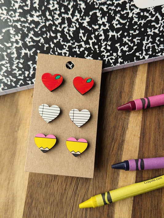 Apple, Notebook, & Pencil Studs